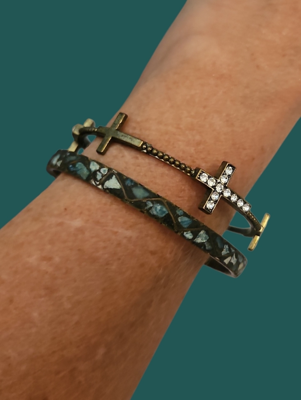 Vintage Antique Brass Western Turquoise  Mosaic Crosses Bangle Bracelets
